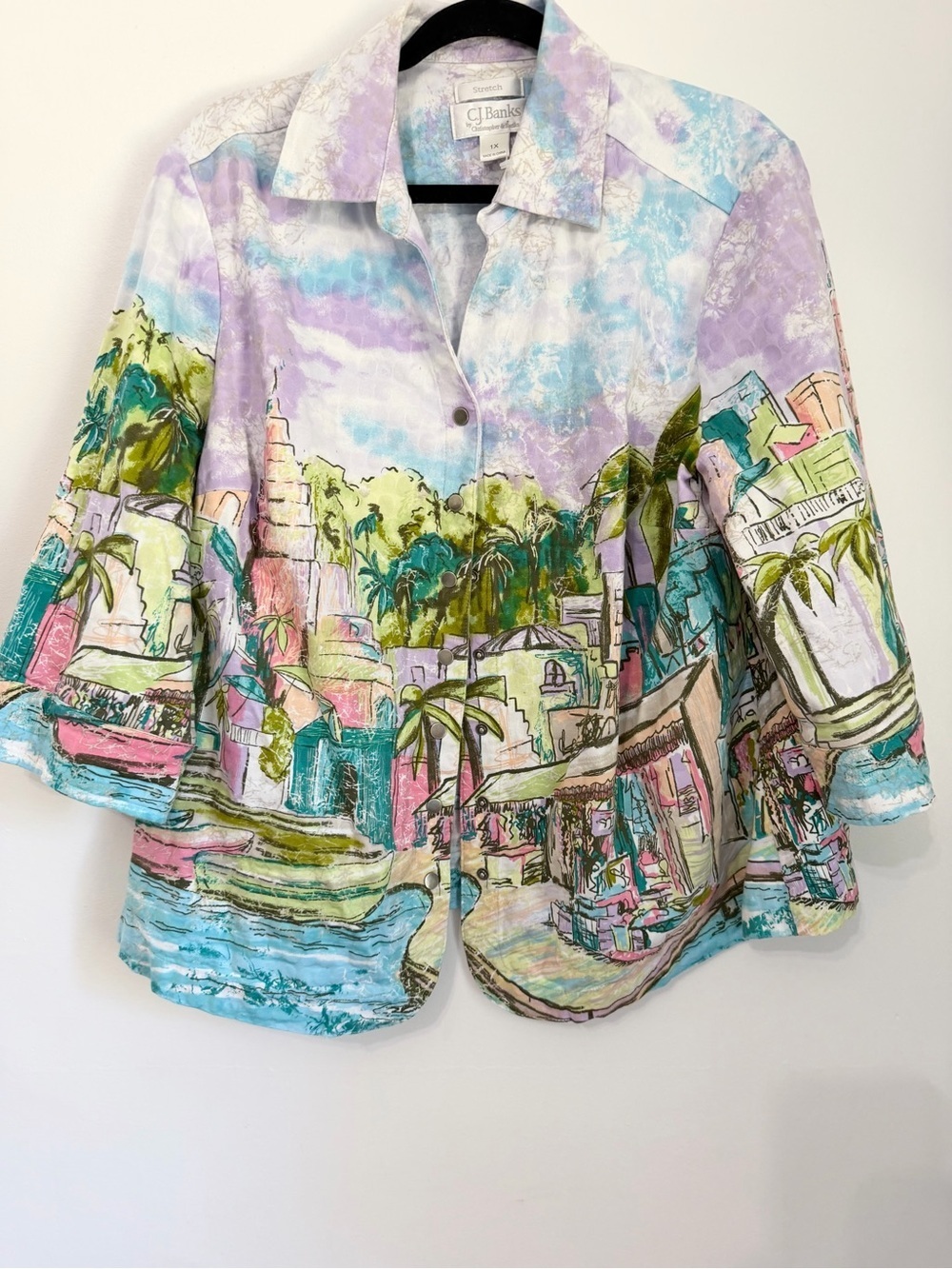 Christopher & Banks Women's Jacket Size XL tropical city view novelty blazer